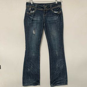 Almost Famous Women Jeans 9 Blue Rise 7.5 Boot Cut Zip‎ Up Distressed Mid Wash